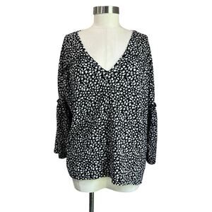 River Island White & Black Floral Flared Sleeve V Neck Blouse Size US 8